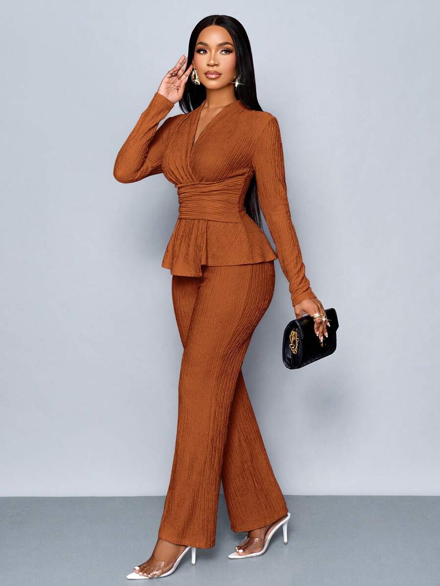Women’s V-Neck Long Sleeve Top and Wide Leg Pants Set