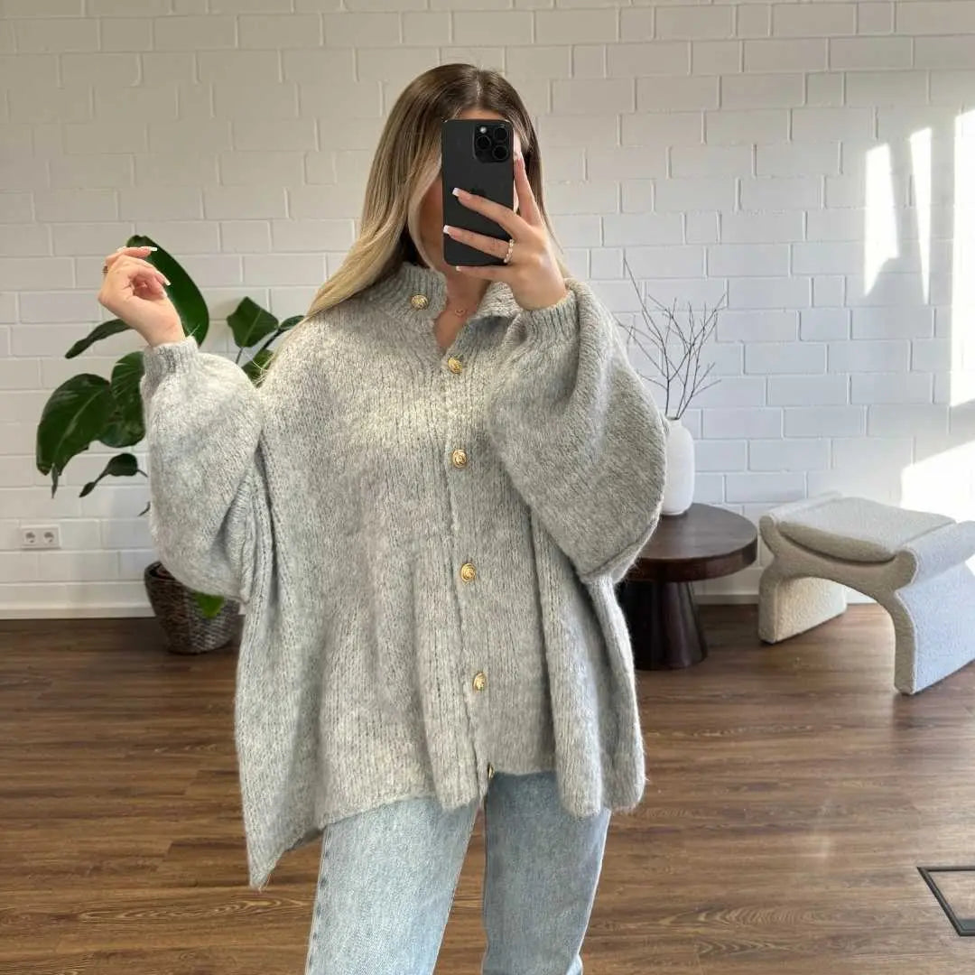 Oversized Knit Cardigan with Gold Buttons