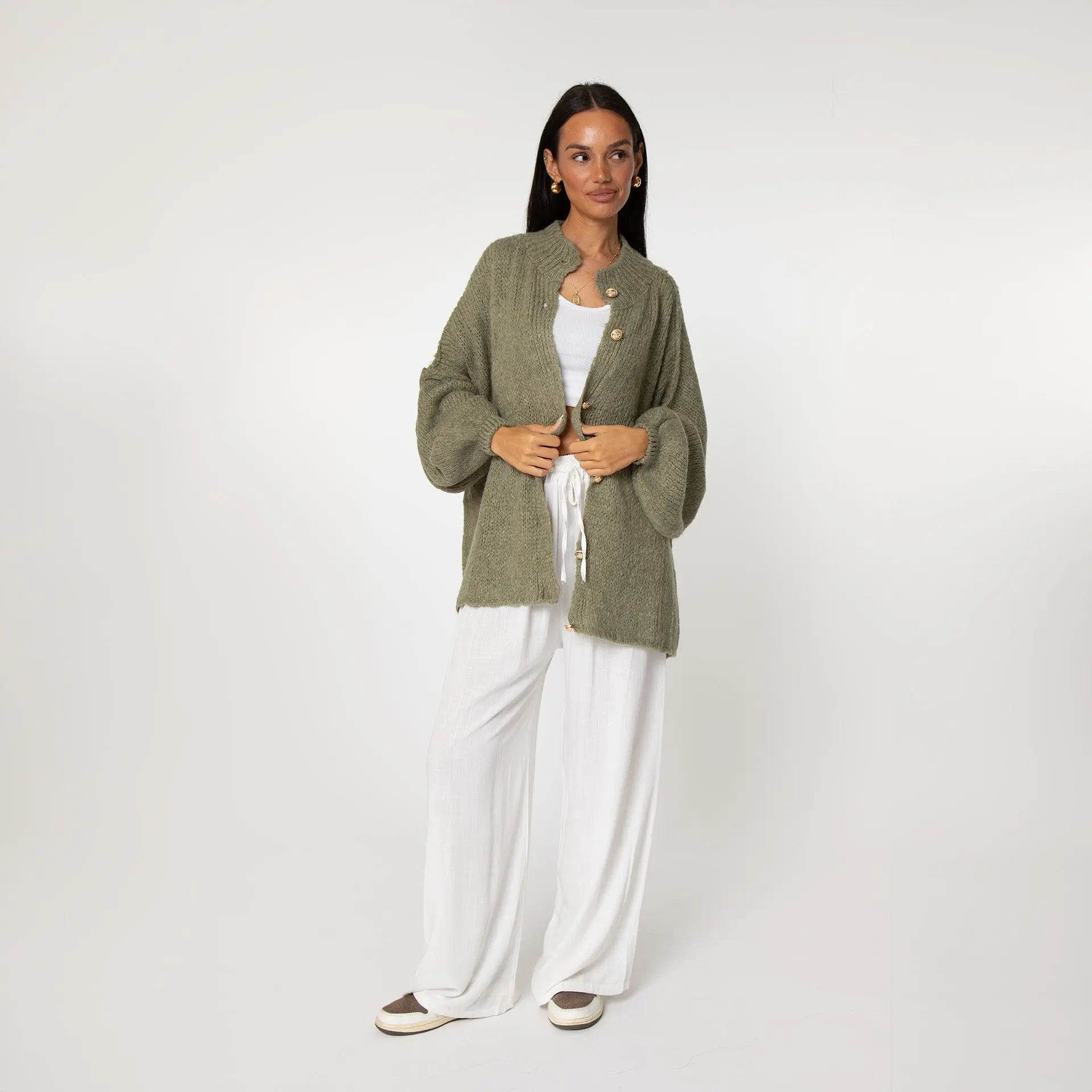 Oversized Knit Cardigan with Gold Buttons