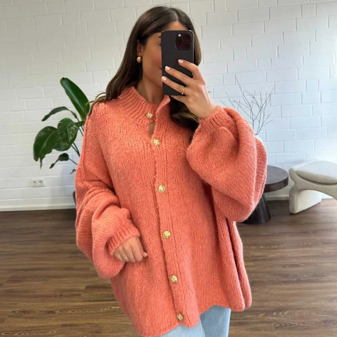 Oversized Knit Cardigan with Gold Buttons