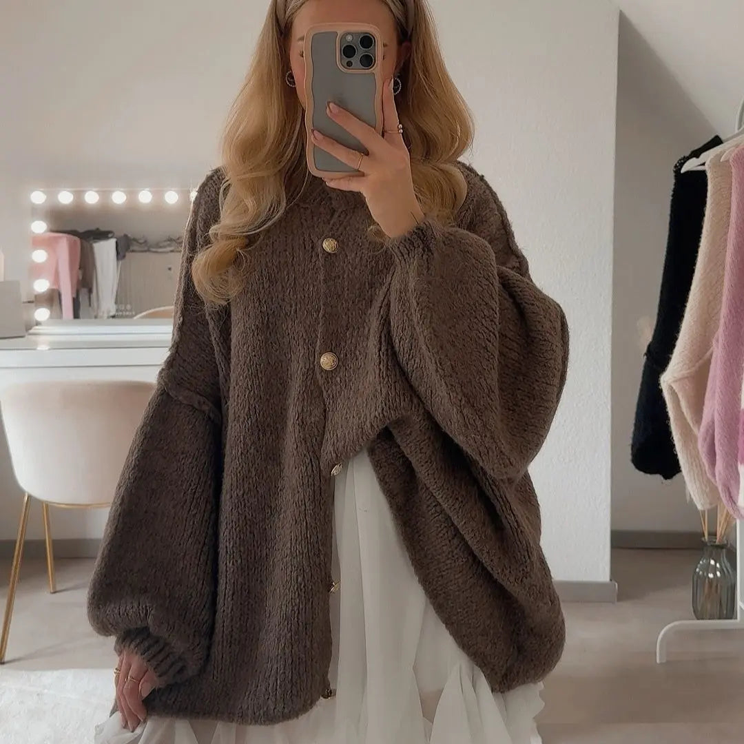 Oversized Knit Cardigan with Gold Buttons