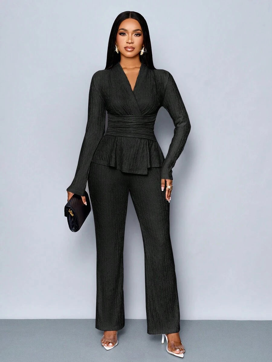 Women’s V-Neck Long Sleeve Top and Wide Leg Pants Set