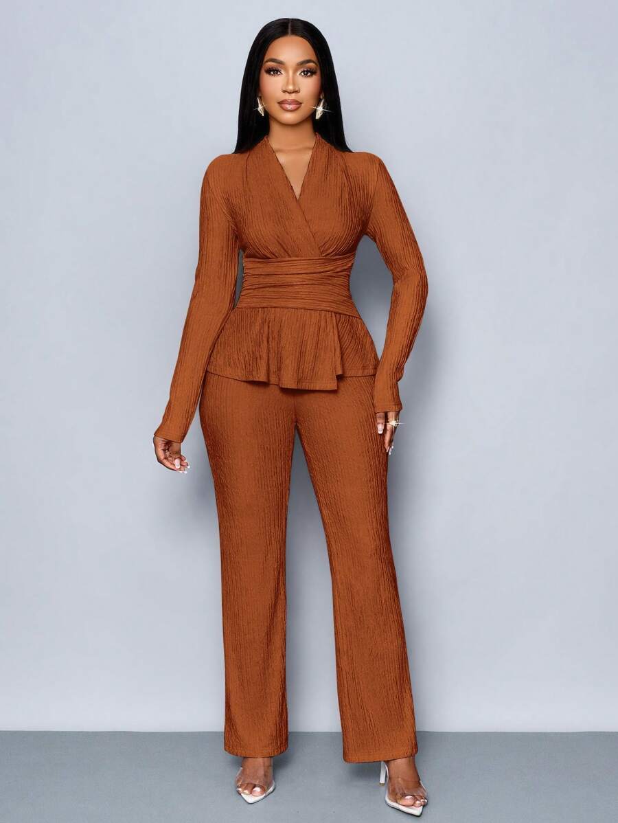 Women’s V-Neck Long Sleeve Top and Wide Leg Pants Set