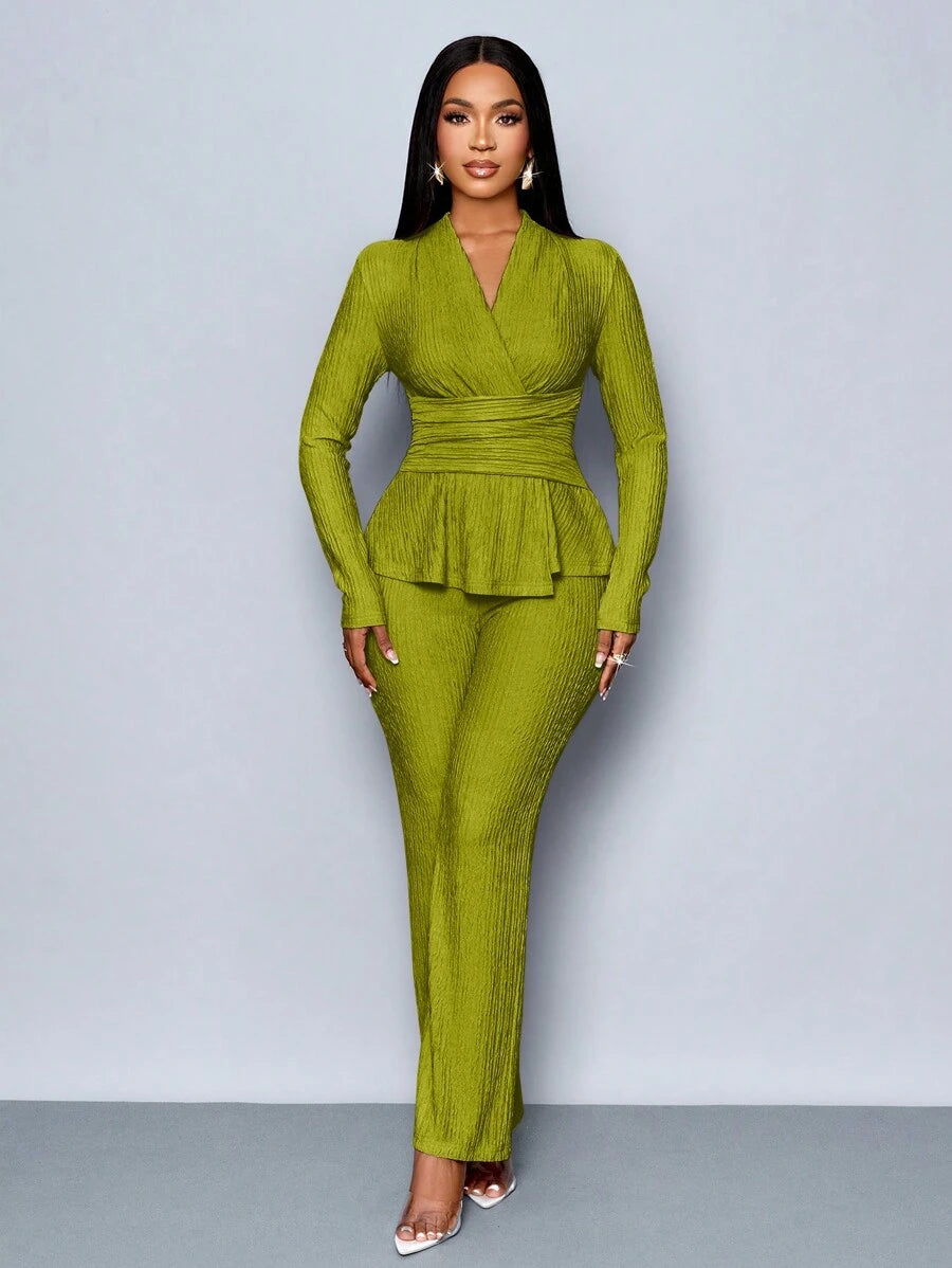 Women’s V-Neck Long Sleeve Top and Wide Leg Pants Set