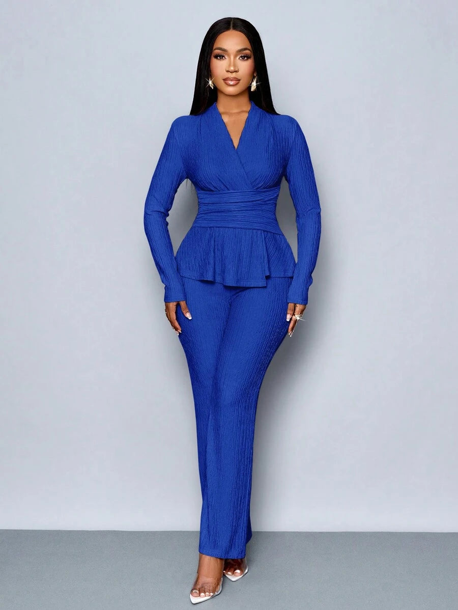 Women’s V-Neck Long Sleeve Top and Wide Leg Pants Set