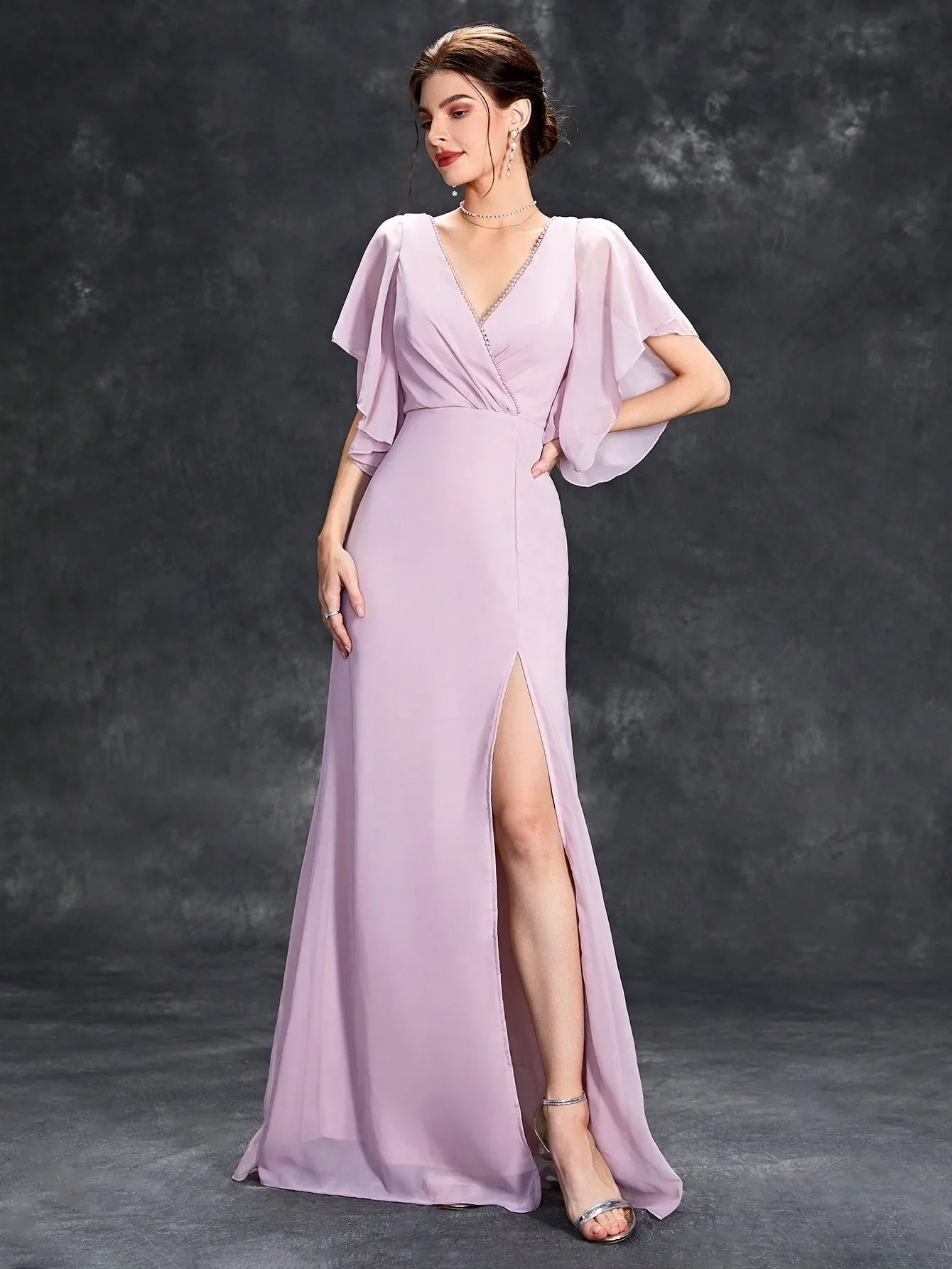 Beaded Collar Flared Sleeve Pleated Chiffon Evening Gown