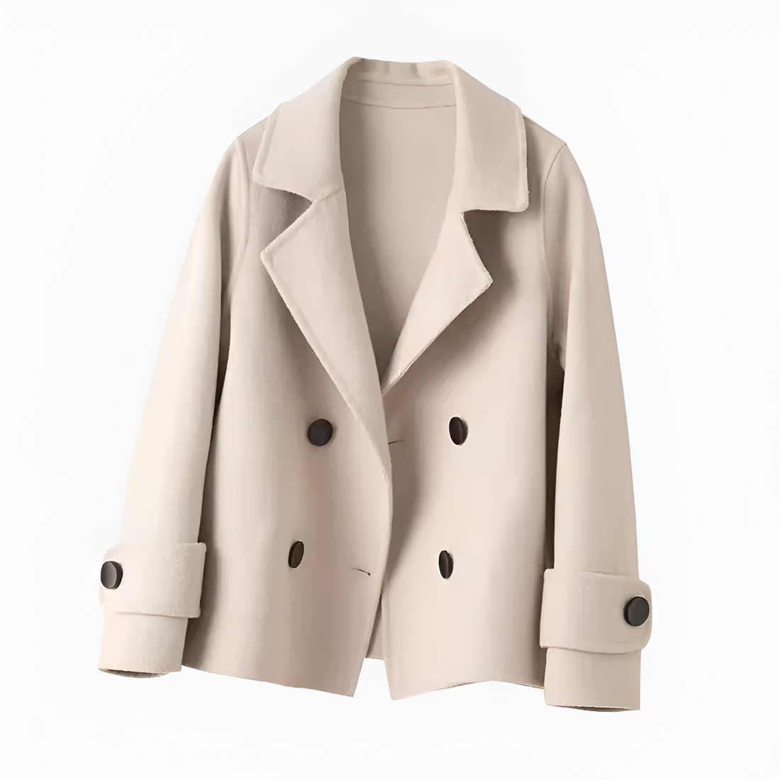 Beige coat with black buttons on a white background