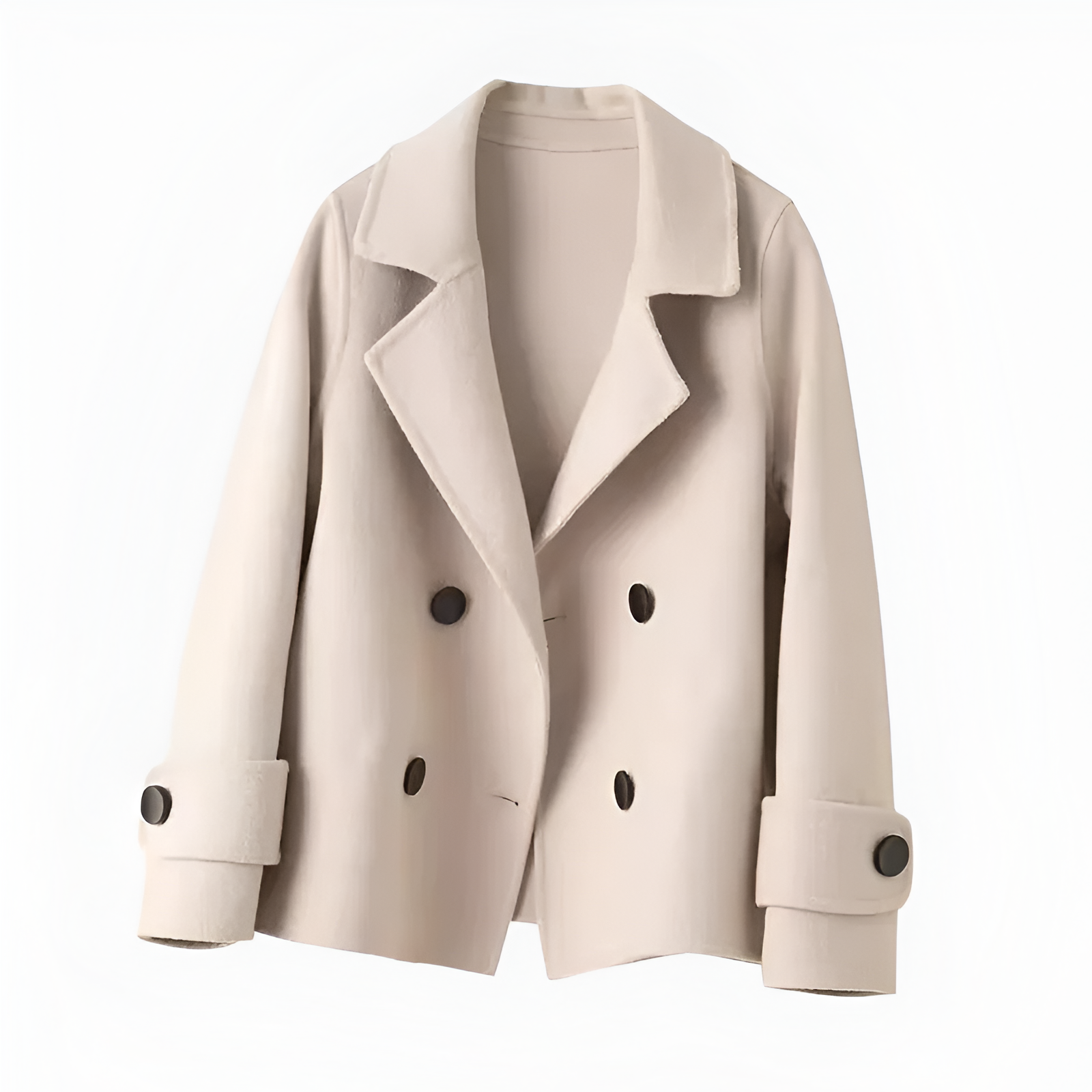Beige coat with black buttons on a white background
