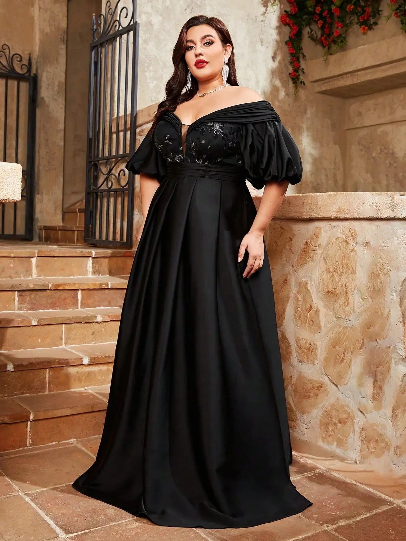Plus Size Black Sequin Gown – Puff Sleeve Dress