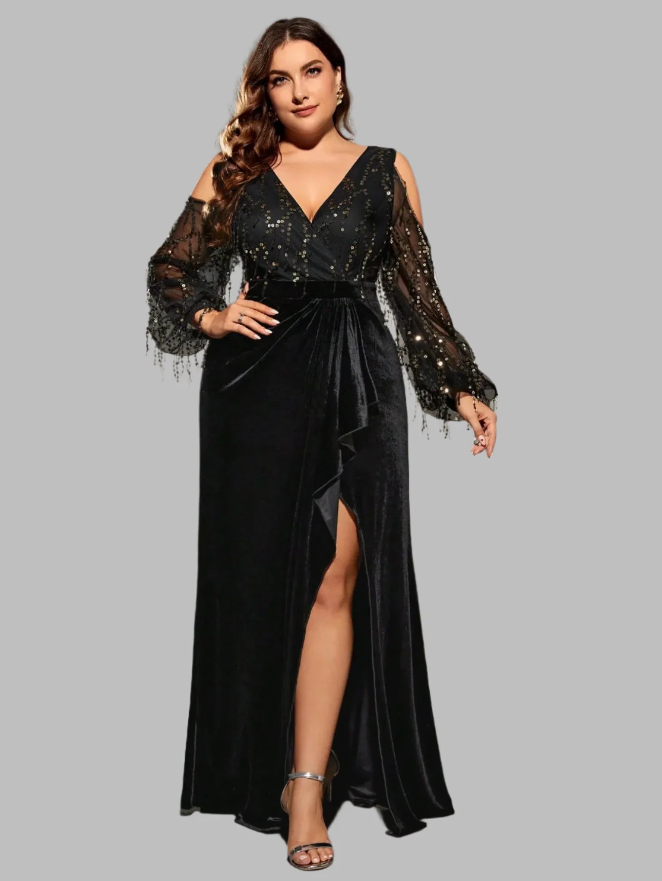 Plus Size Black Sequin Cold Shoulder Velvet Evening Gown for Formal Events