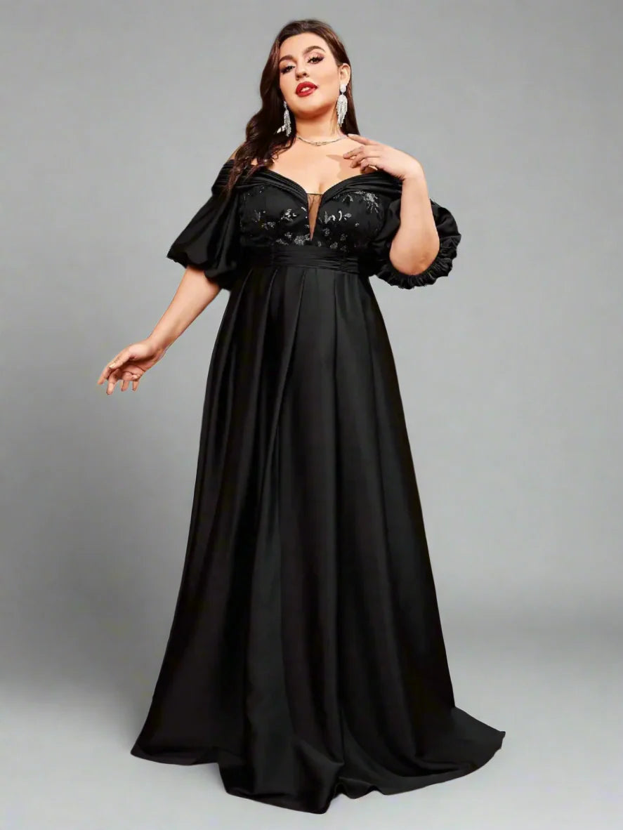 Plus Size Black Sequin Gown – Puff Sleeve Dress