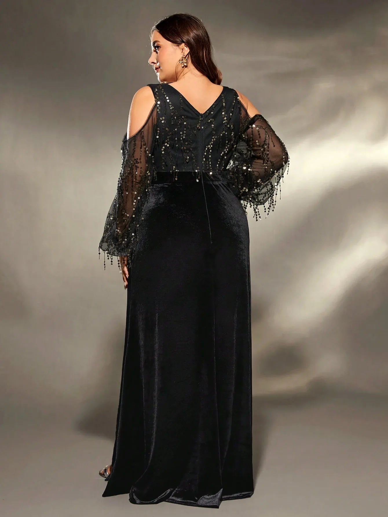 Plus Size Black Sequin Cold Shoulder Velvet Evening Gown for Formal Events