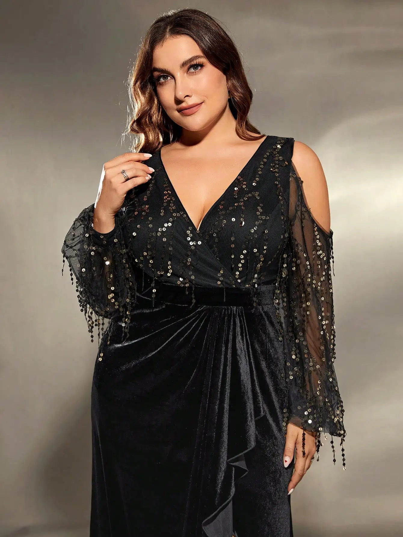 Plus Size Black Sequin Cold Shoulder Velvet Evening Gown for Formal Events