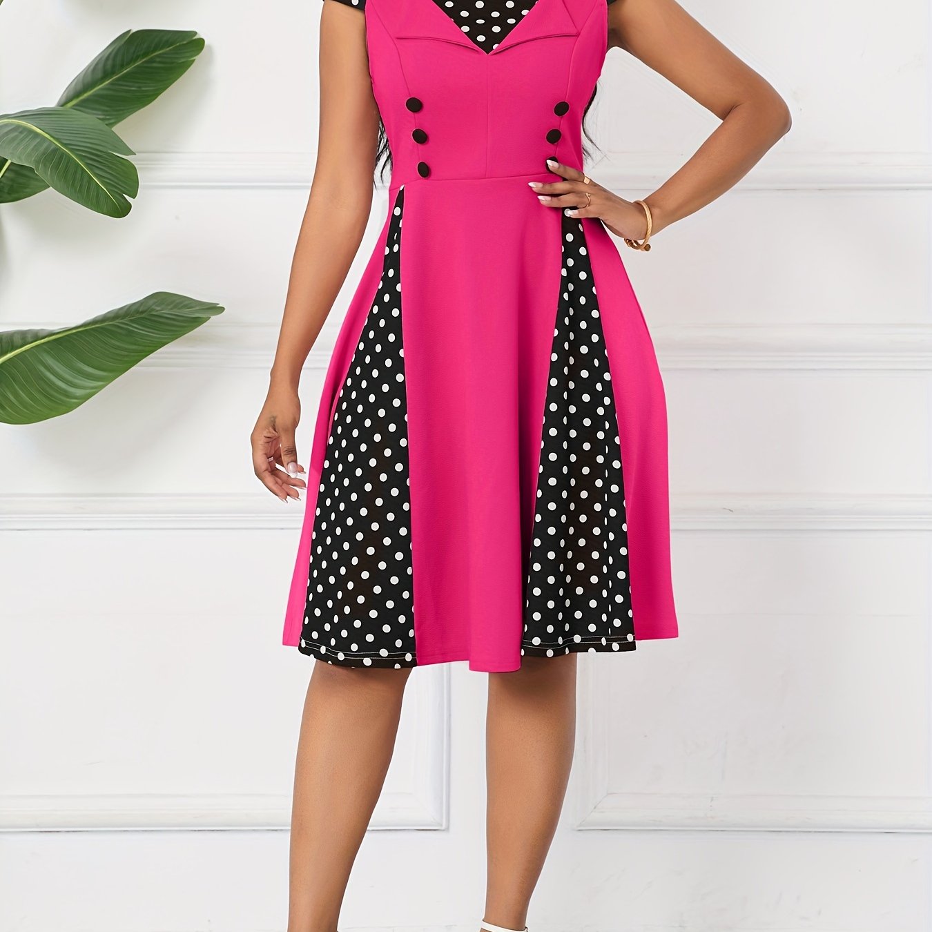 Women’s Polka Dot A-Line Dress – Square Neck with Decorative Buttons