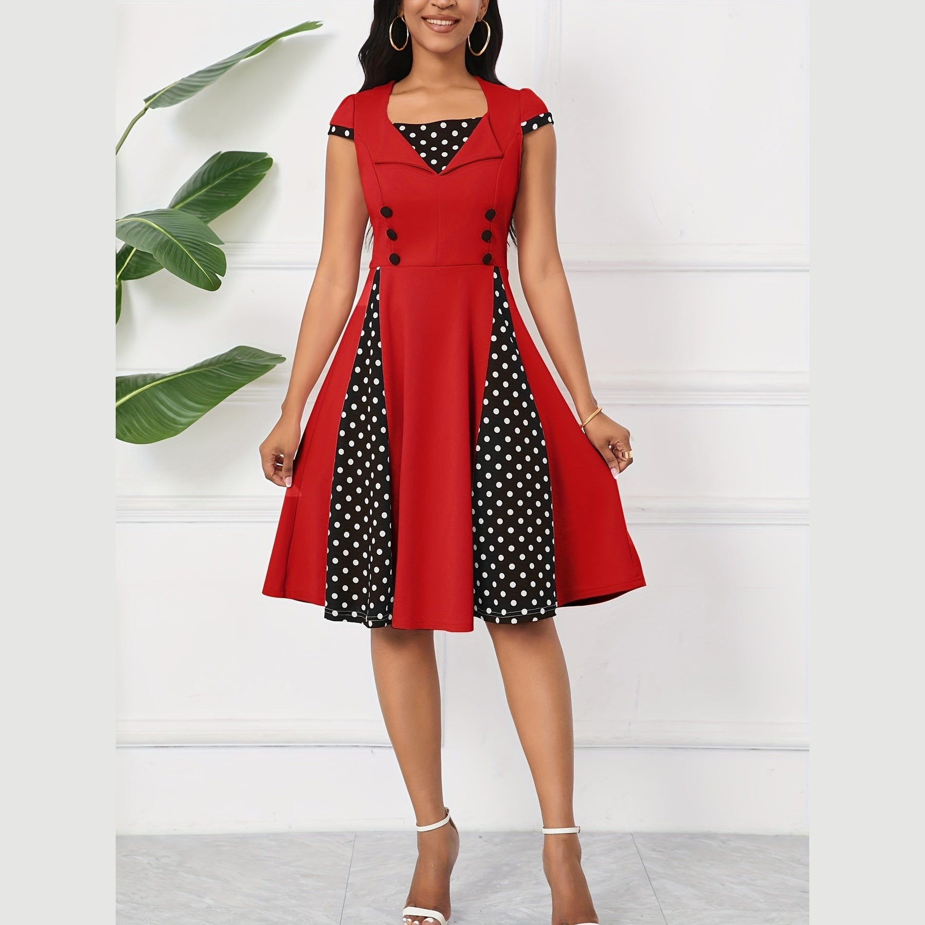 Women’s Polka Dot A-Line Dress – Square Neck with Decorative Buttons