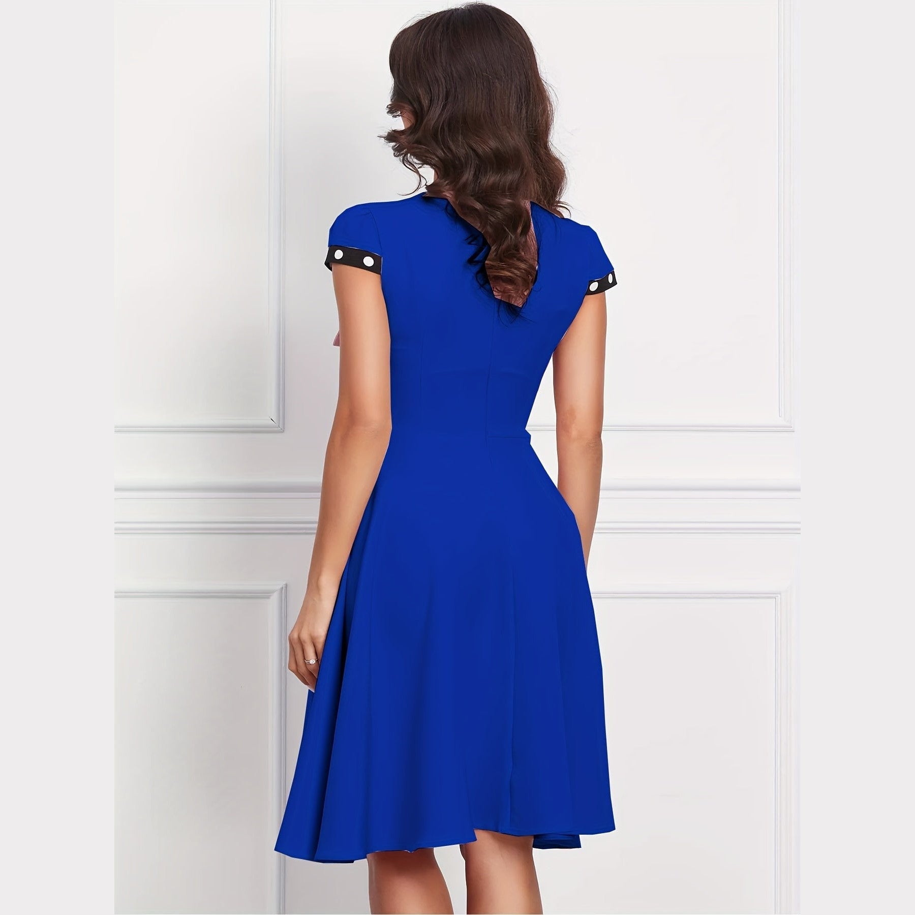 Women’s Polka Dot A-Line Dress – Square Neck with Decorative Buttons