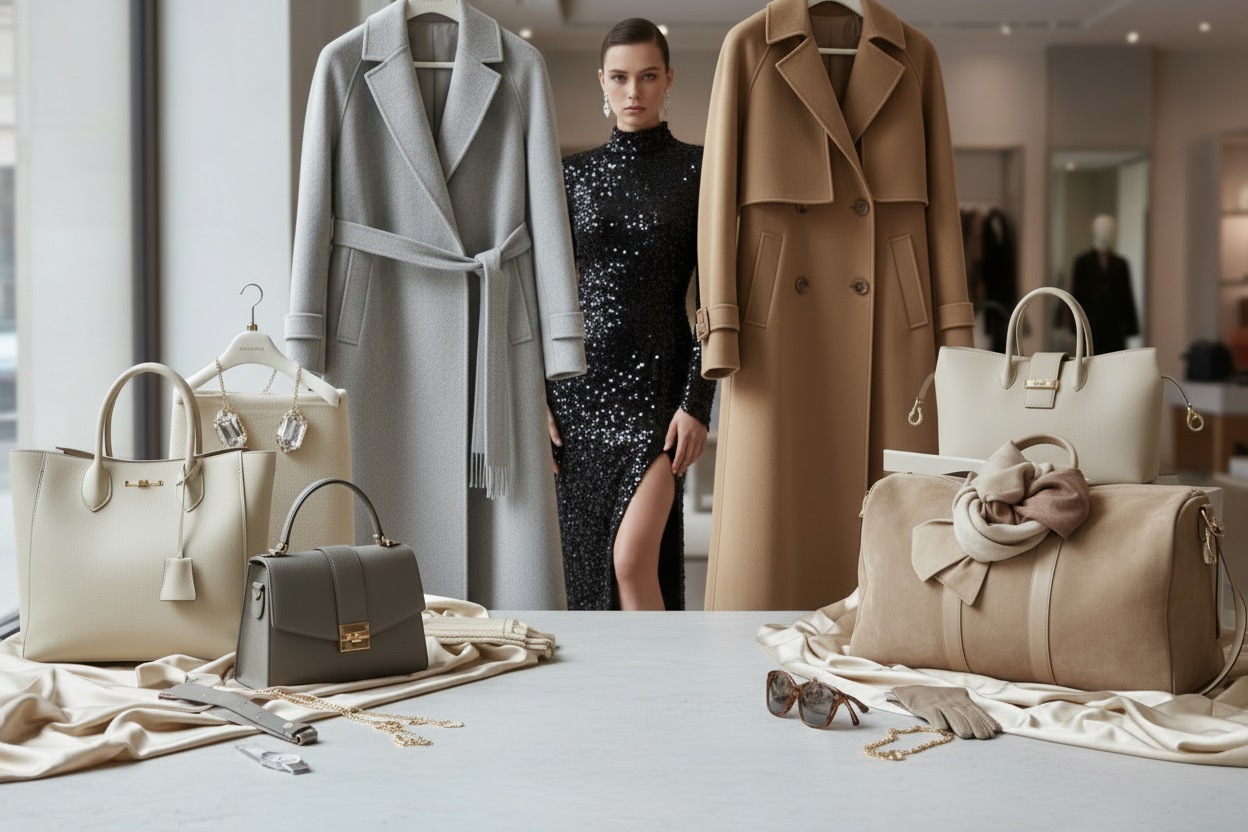 Premium fashion banner with black sequined evening dress