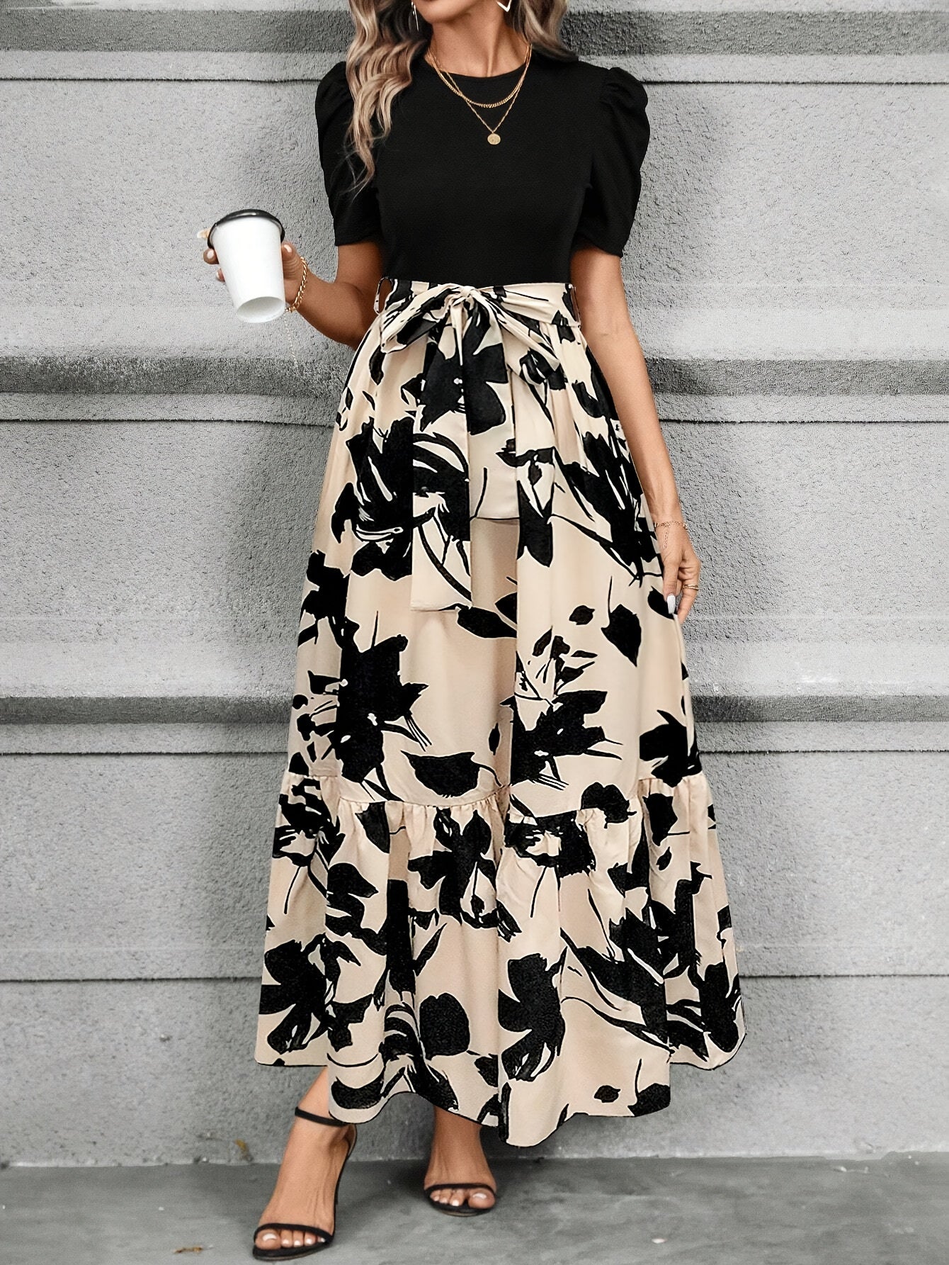 Women’s Printed Midi Dress with Belt – Crew Neck, Short Sleeve