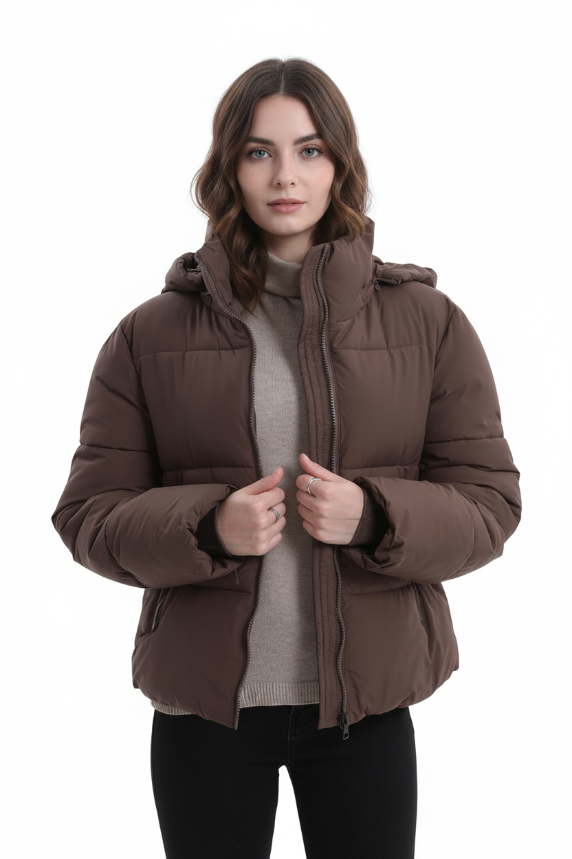 Brown puffer jacket side view showing quilted design and water-repellent fabric detail