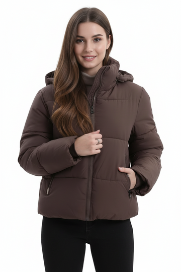 Women's brown hooded puffer jacket front view - water repellent quilted winter coat with pockets