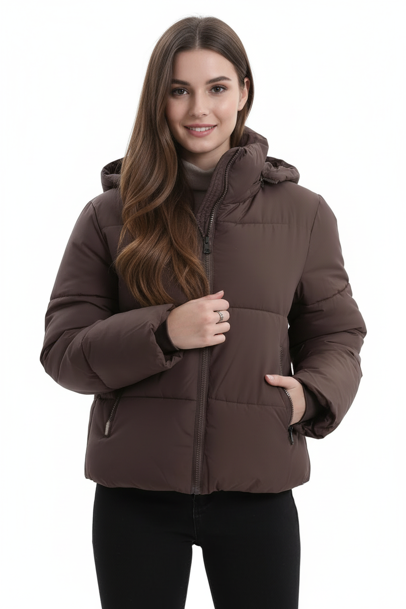 Women's brown hooded puffer jacket front view - water repellent quilted winter coat with pockets