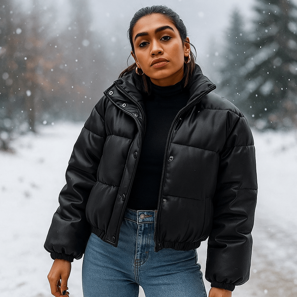 Person wearing a black puffer jacket in a snowy landscape