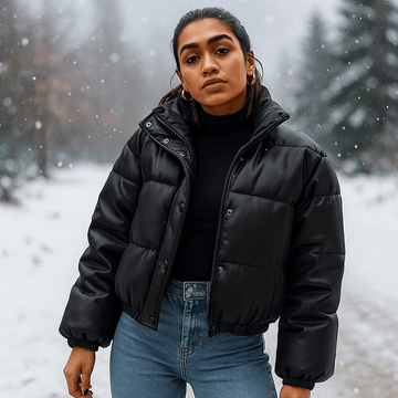 Person wearing a black puffer jacket in a snowy landscape