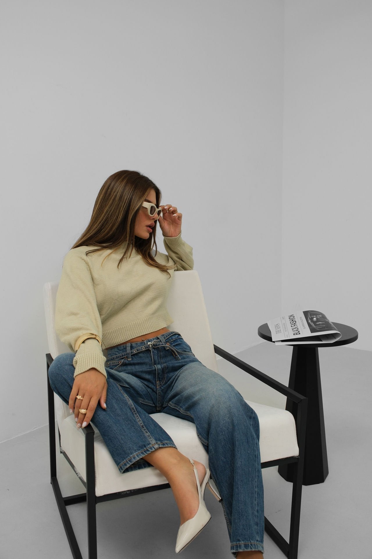 Beige Women's Crop Sweater with Raglan Sleeves