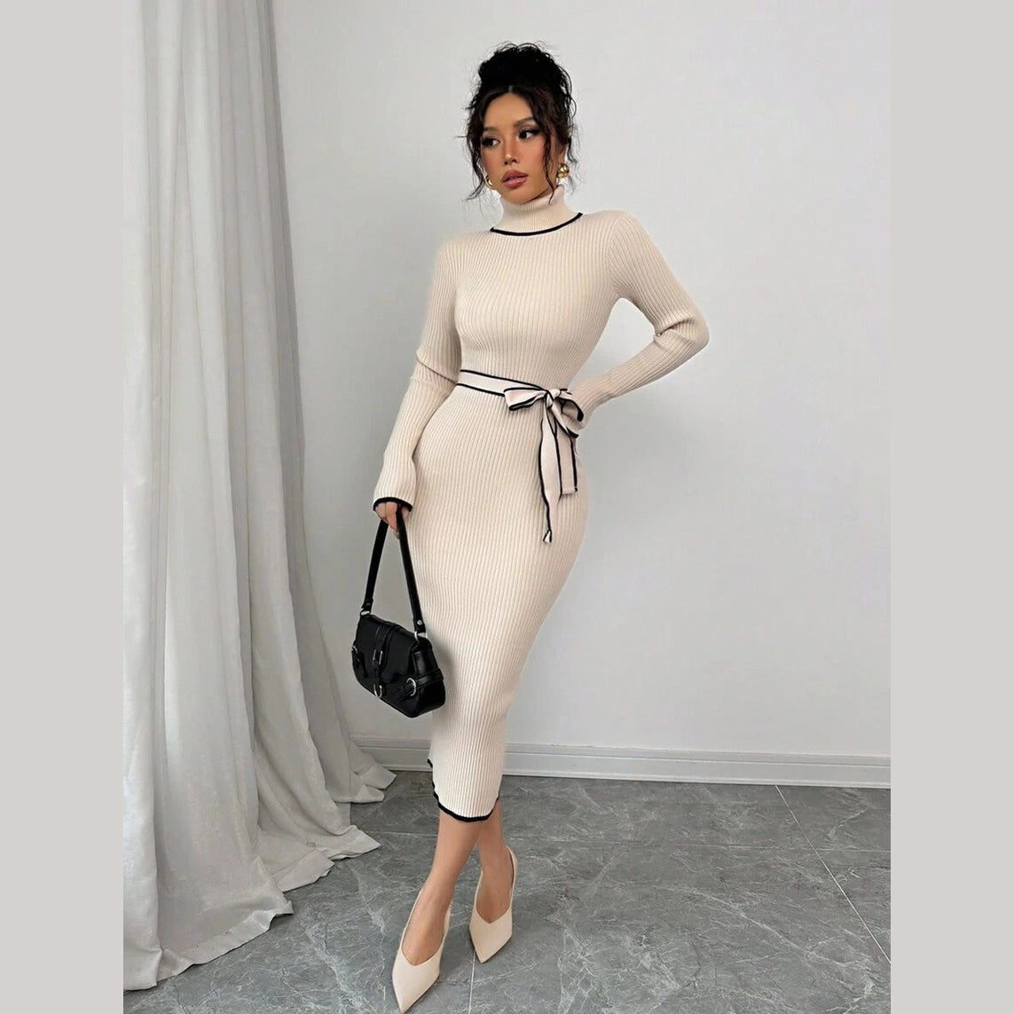 Women’s Ribbed Knit Midi Dress – Stand Collar Long Sleeve with Waist Belt