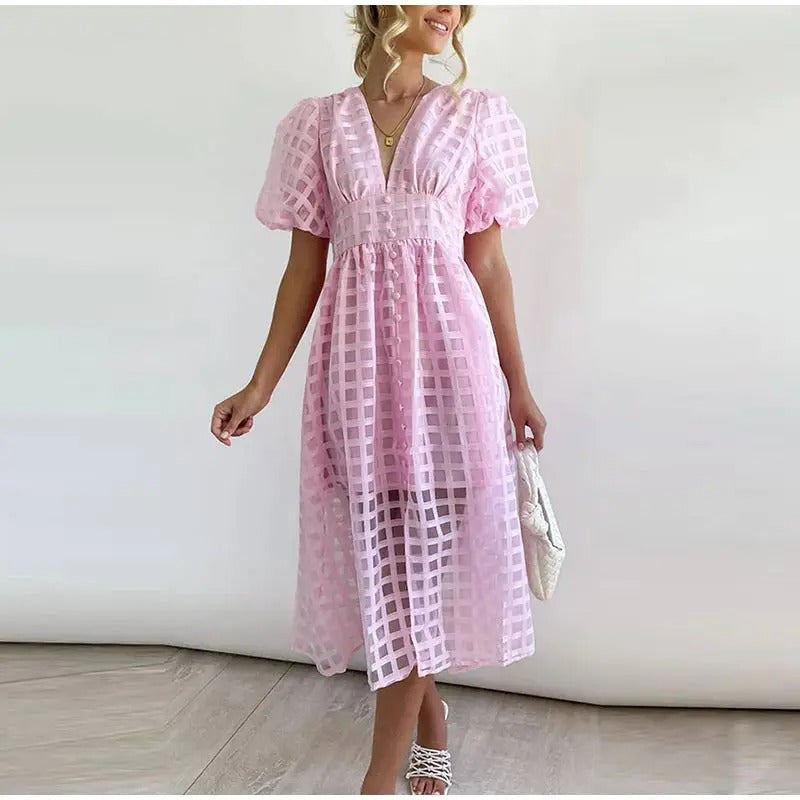 Check Pattern Midi Dress - Airy V-Neck Dress with Puff Sleeves