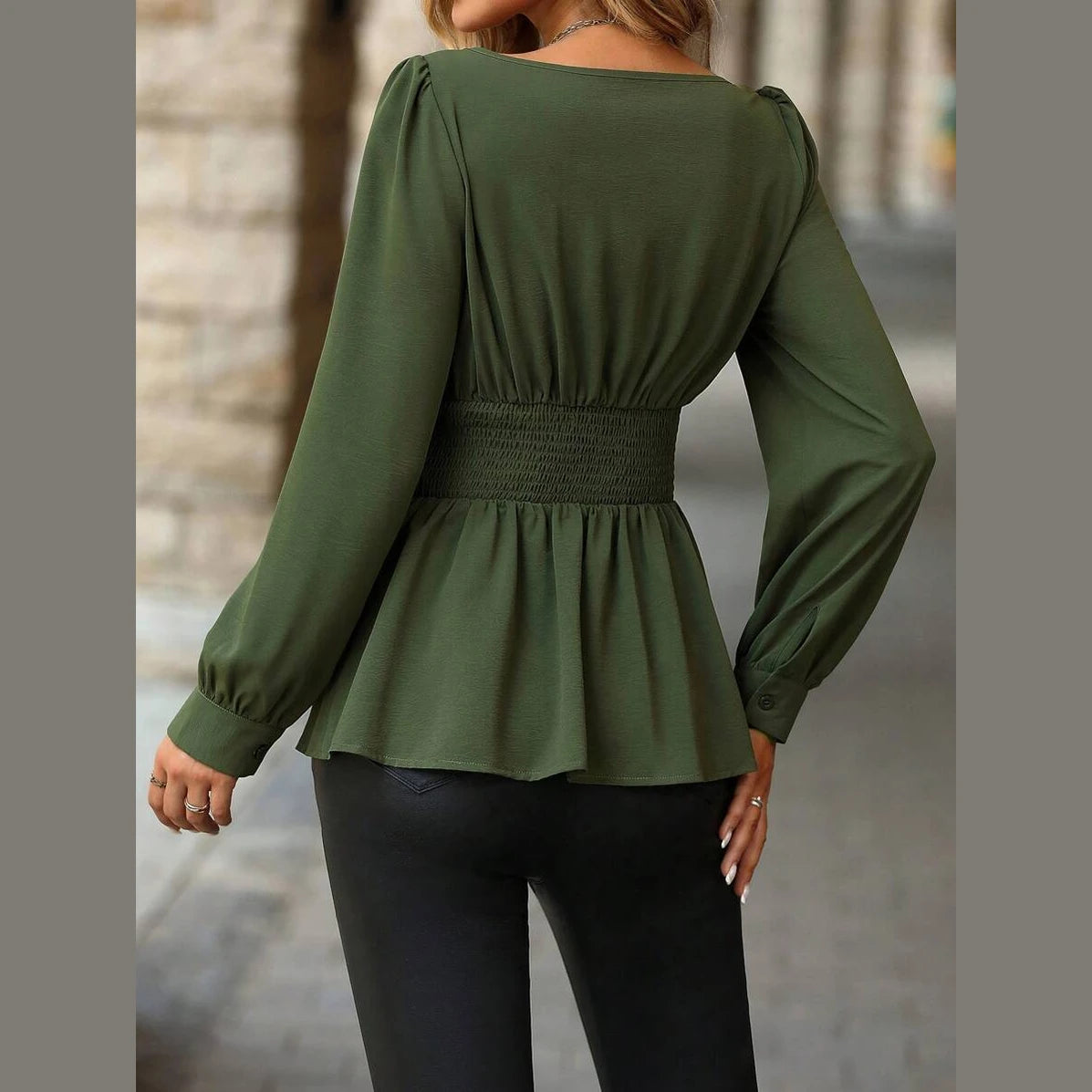 Women’s Asymmetrical Ruched Blouse – Long Sleeve