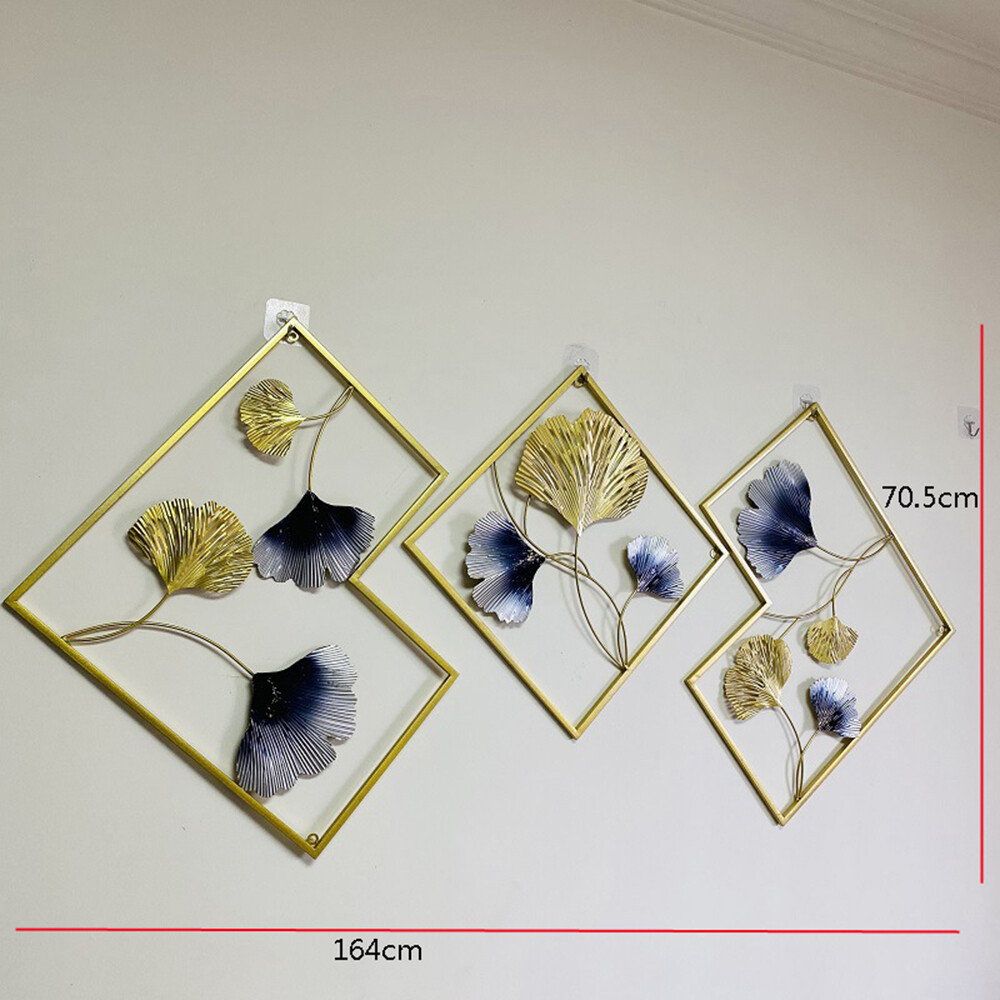 3D Ginkgo Leaf Metal Wall Art | Gold & Blue Set of 3