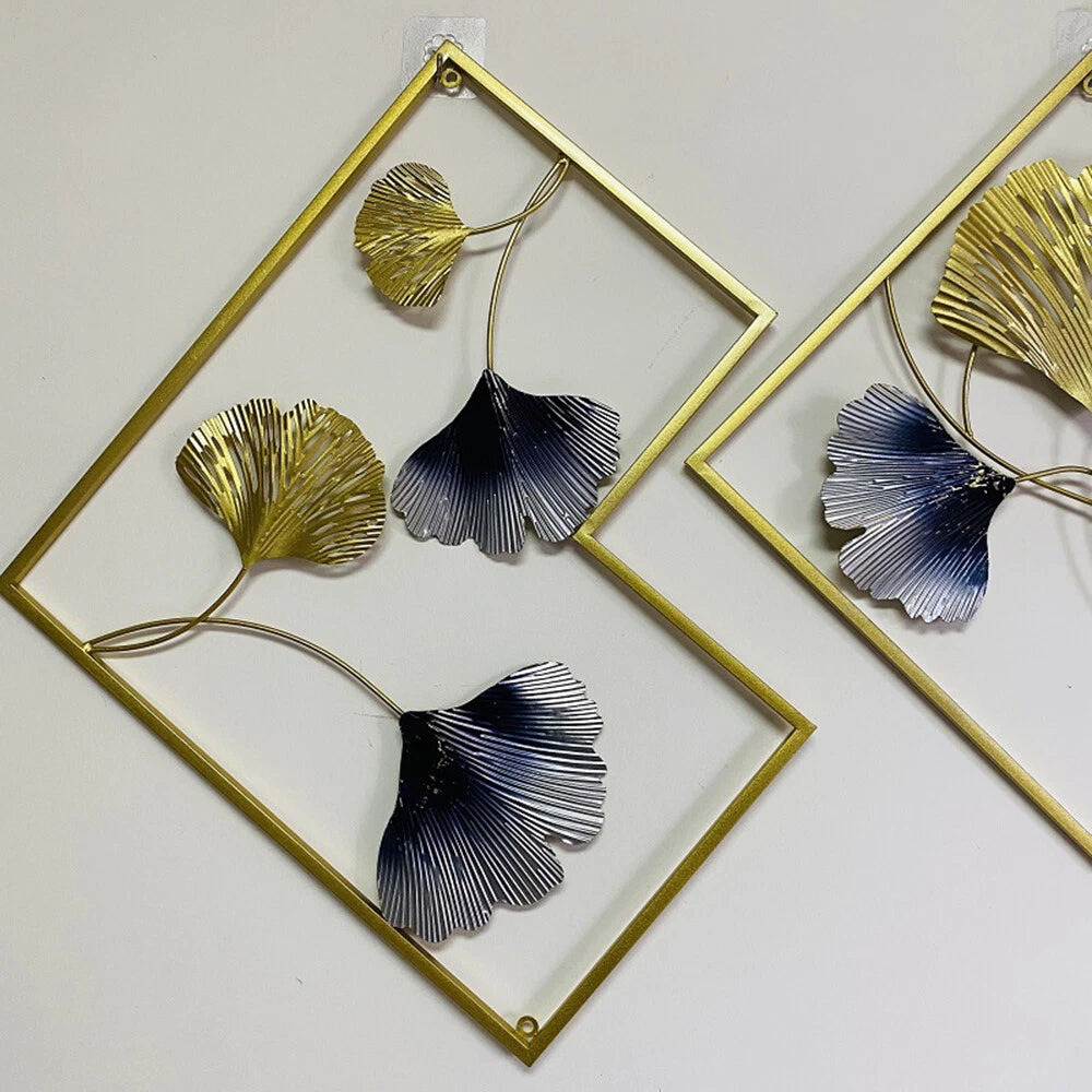 3D Ginkgo Leaf Metal Wall Art | Gold & Blue Set of 3