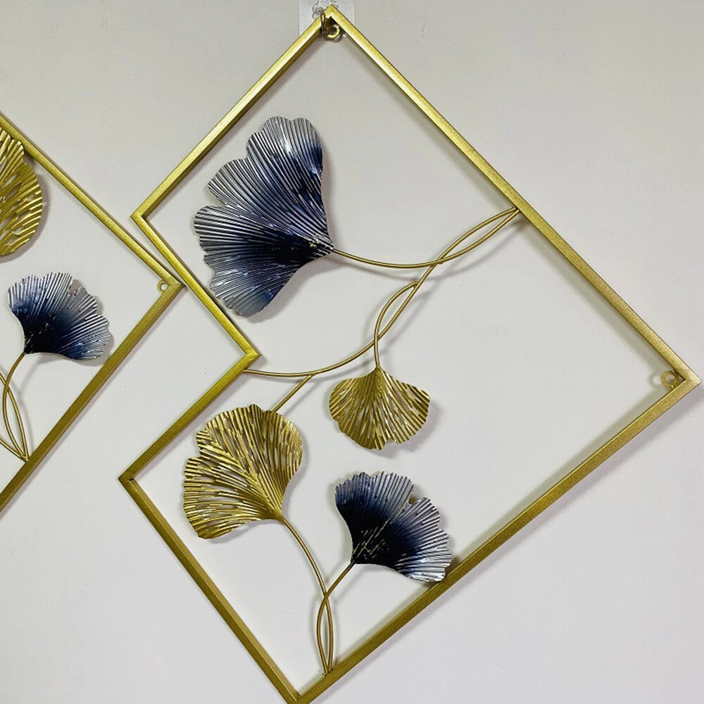 3D Ginkgo Leaf Metal Wall Art | Gold & Blue Set of 3