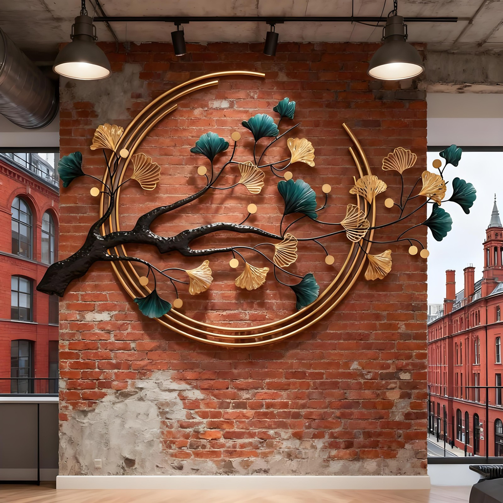 Handcrafted ginkgo leaf metal wall art with intertwining botanical design