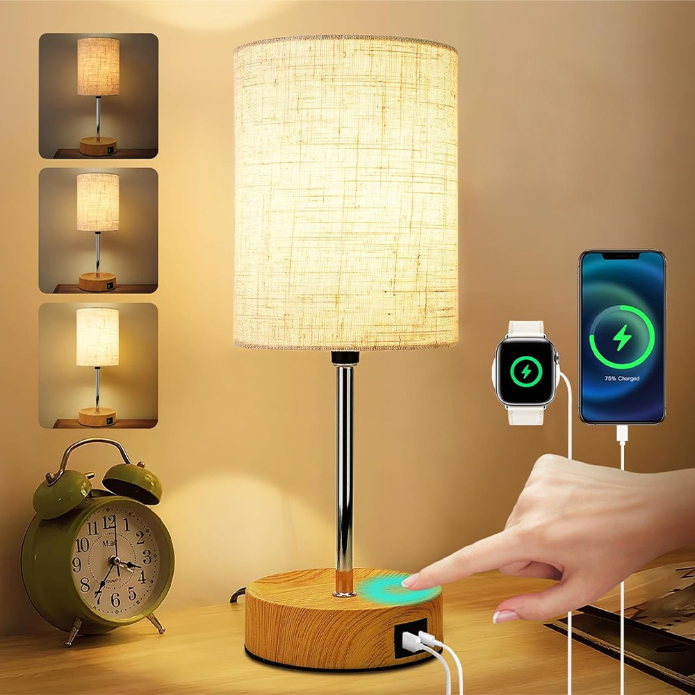 Touch Control Bedside Lamp with USB Charging Ports - Dimmable LED Light