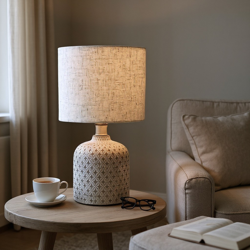 Cream Cement Table Lamp with Fabric Shade - Modern Bedside Light
