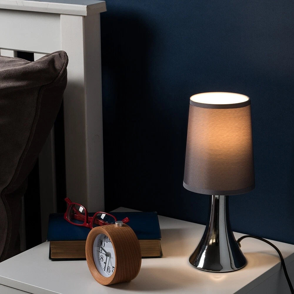 Chrome Touch Table Lamp 31cm - Dimmable Bedside Light with Fabric Shade