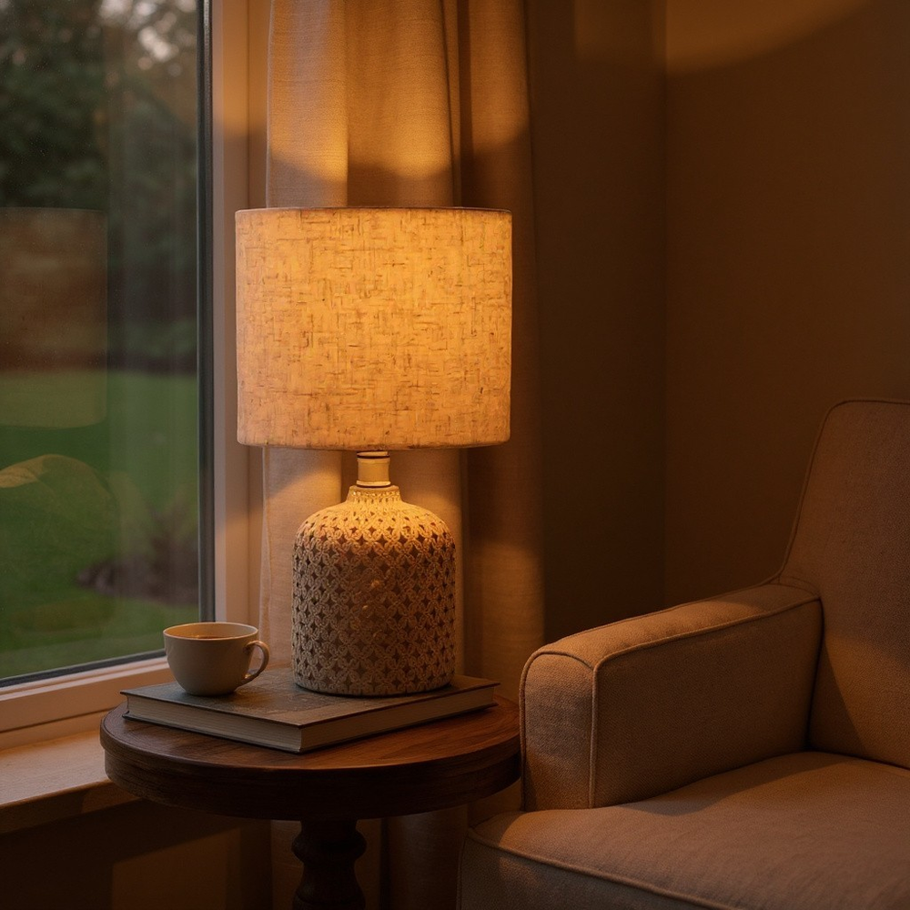 Cream Cement Table Lamp with Fabric Shade - Modern Bedside Light