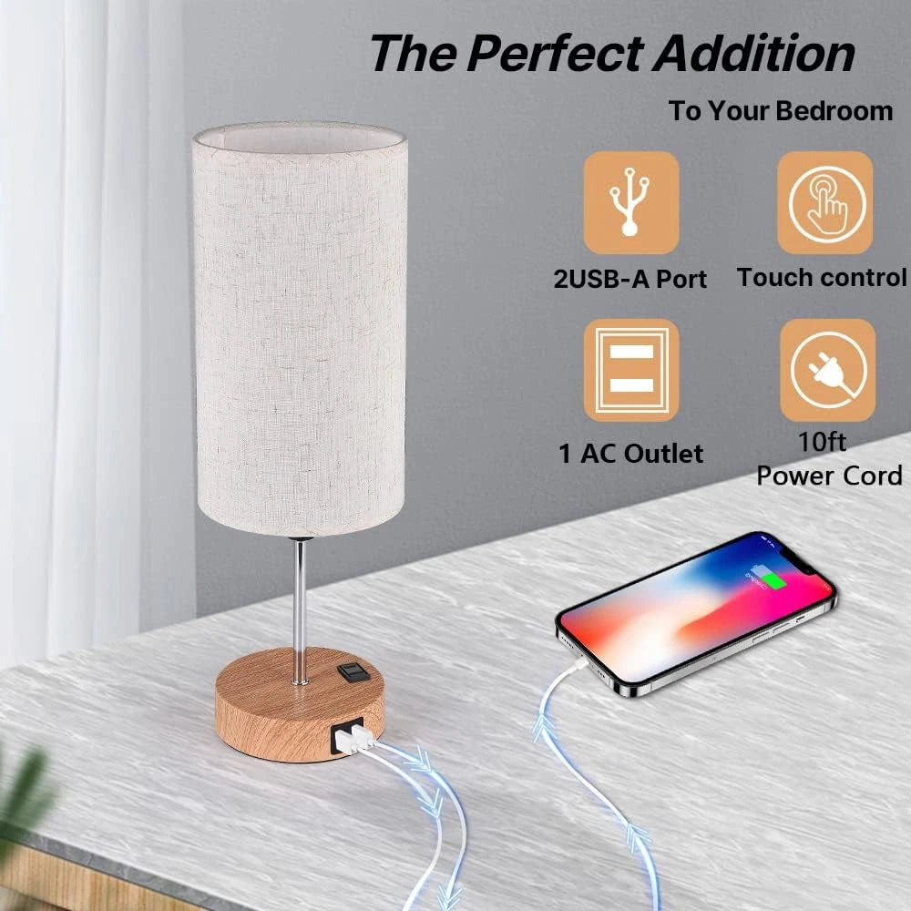 Touch Control Bedside Lamp with USB Charging Ports - Dimmable LED Light