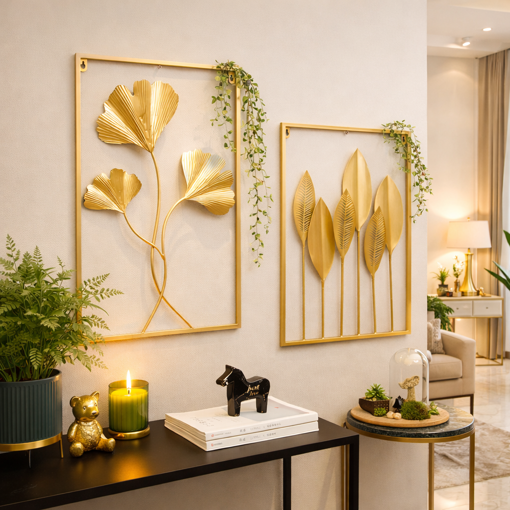 Gold Metal Tree Leaf Wall Art Sculpture - 60x40cm Luxury Wall Decor