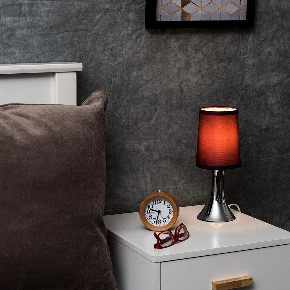 Chrome Touch Table Lamp 31cm - Dimmable Bedside Light with Fabric Shade