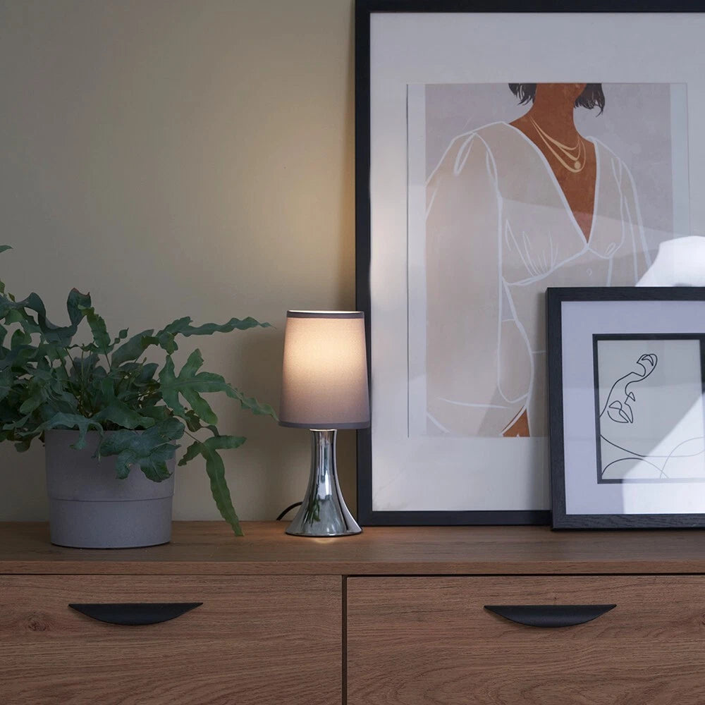 Chrome Touch Table Lamp 31cm - Dimmable Bedside Light with Fabric Shade
