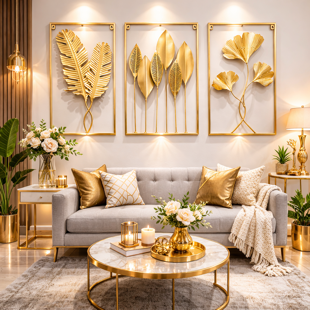 Gold Metal Tree Leaf Wall Art Sculpture - 60x40cm Luxury Wall Decor