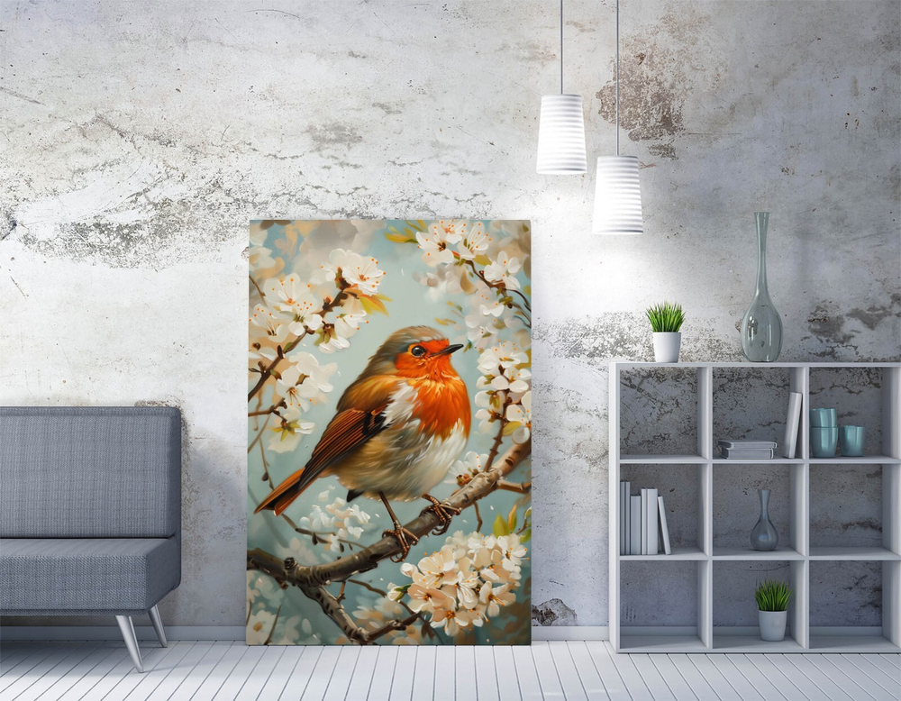Red Robin on Blossom Tree Canvas Wall Art