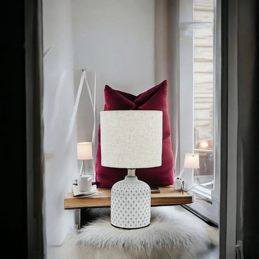 Cream Cement Table Lamp with Fabric Shade - Modern Bedside Light