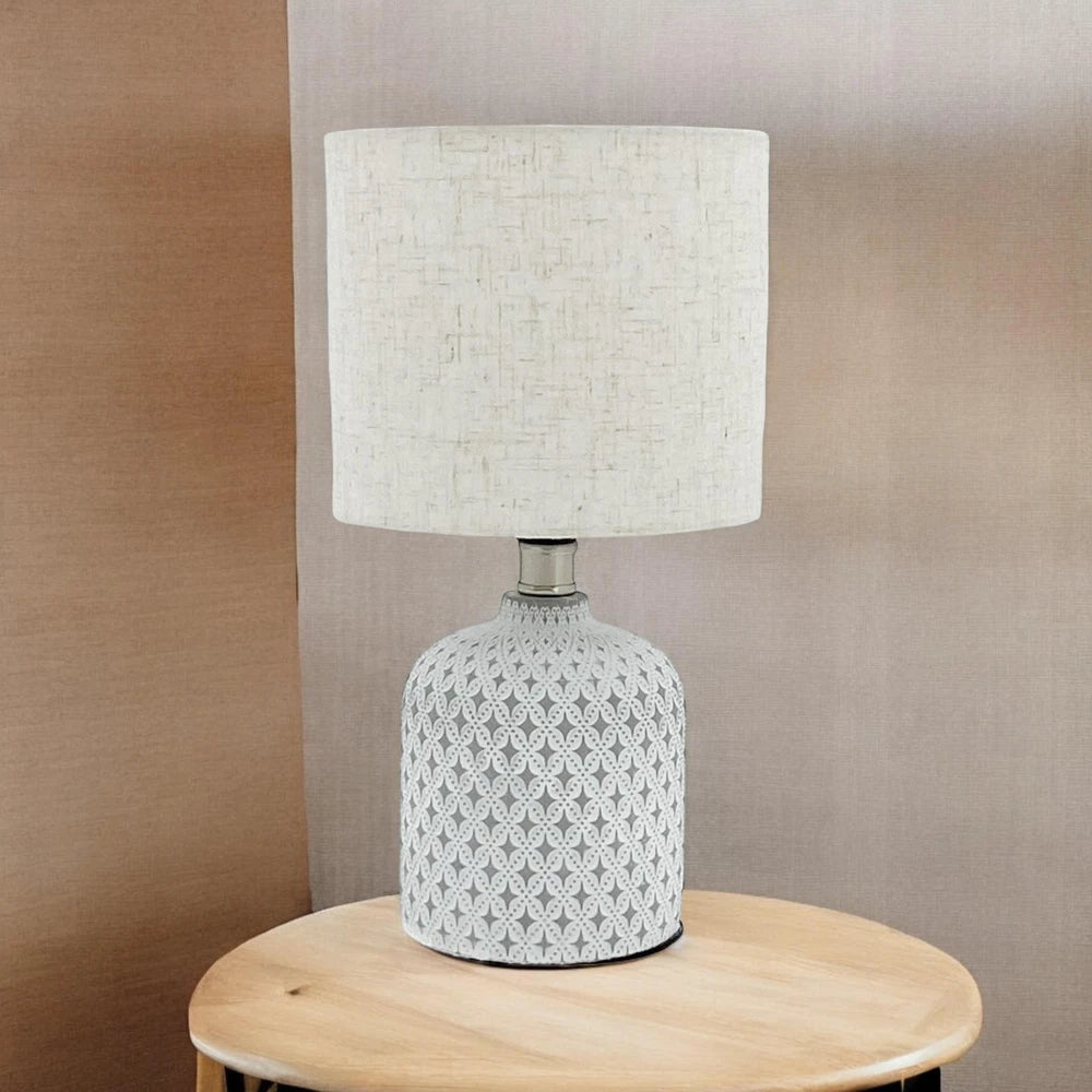 Cream Cement Table Lamp with Fabric Shade - Modern Bedside Light