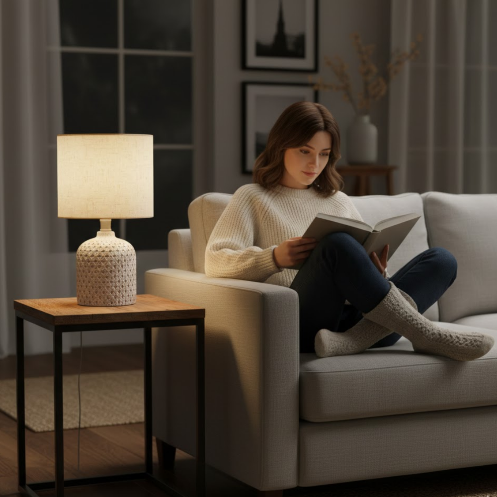 Cream Cement Table Lamp with Fabric Shade - Modern Bedside Light