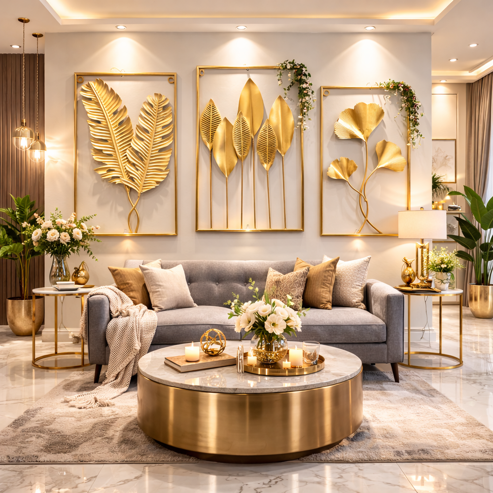 Gold Metal Tree Leaf Wall Art Sculpture - 60x40cm Luxury Wall Decor