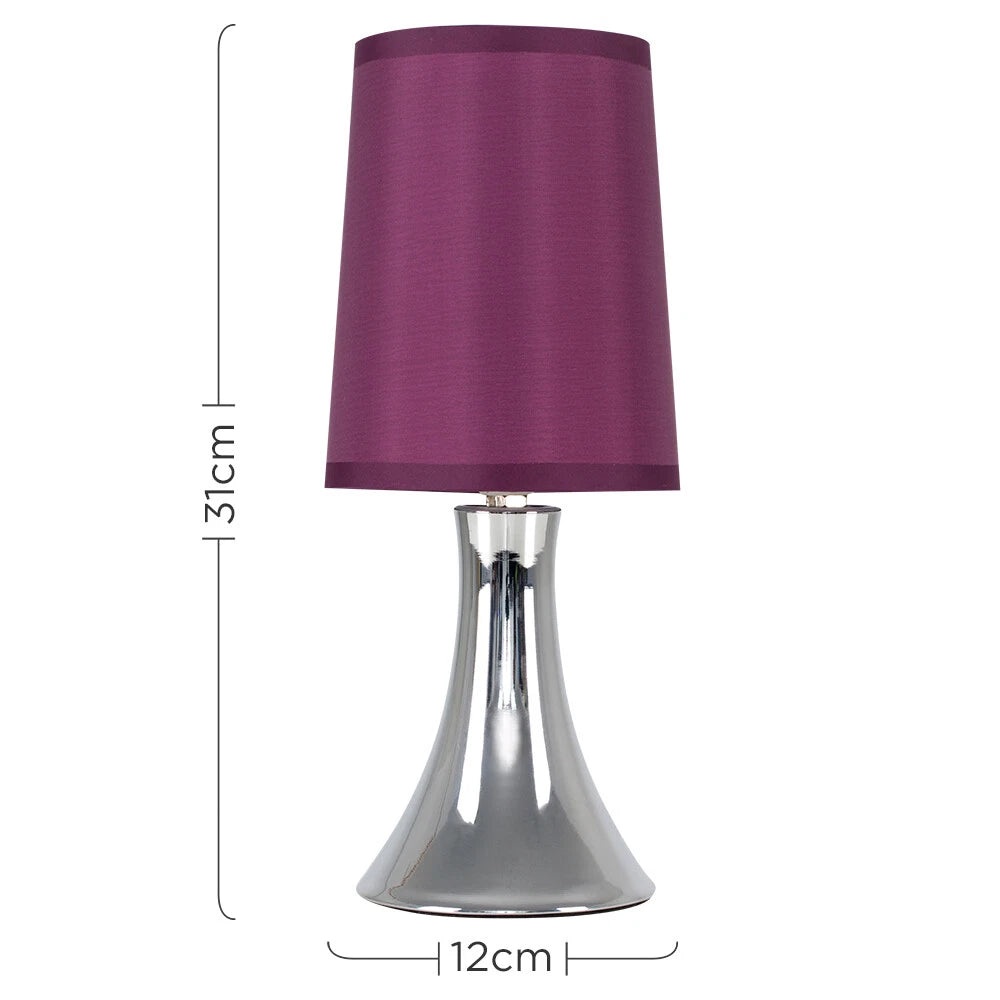 Chrome Touch Table Lamp 31cm - Dimmable Bedside Light with Fabric Shade
